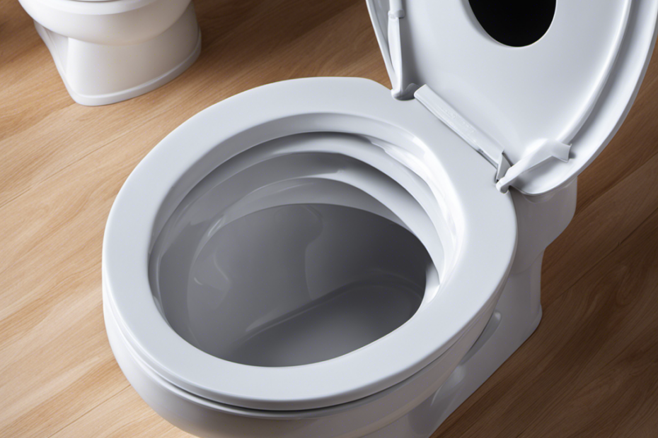 An image showing a close-up view of a toilet bowl, with a disassembled toilet seal ring placed on the floor beside it