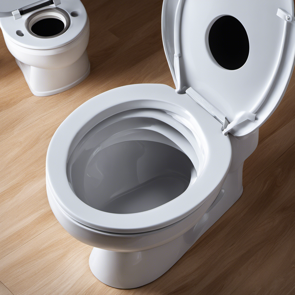 An image showing a close-up view of a toilet bowl, with a disassembled toilet seal ring placed on the floor beside it