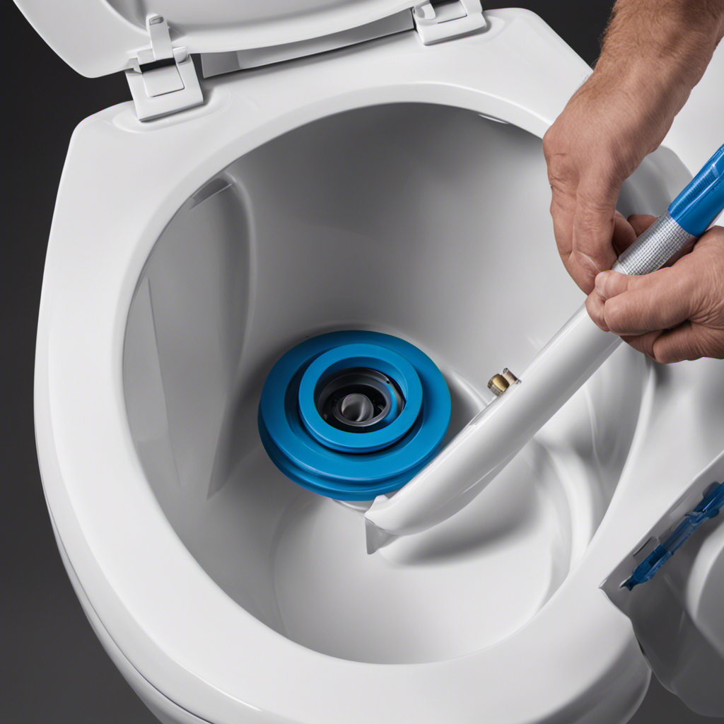 An image depicting a close-up view of a plumber's hands gently aligning the new toilet seal with the toilet flange