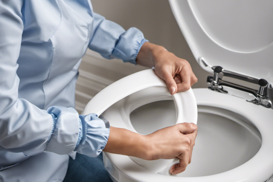 An image showcasing a close-up shot of hands in action, unscrewing and removing a grimy toilet seat cover