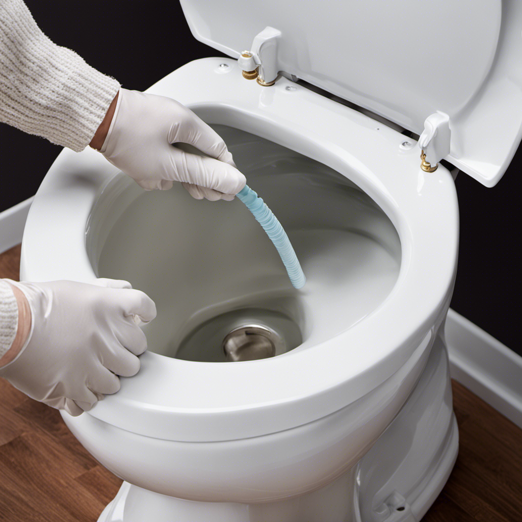 An image showcasing a step-by-step guide on replacing a toilet tank: a person wearing gloves removing the lid, disconnecting the water supply line, unscrewing bolts, lifting off the tank, and placing a new one