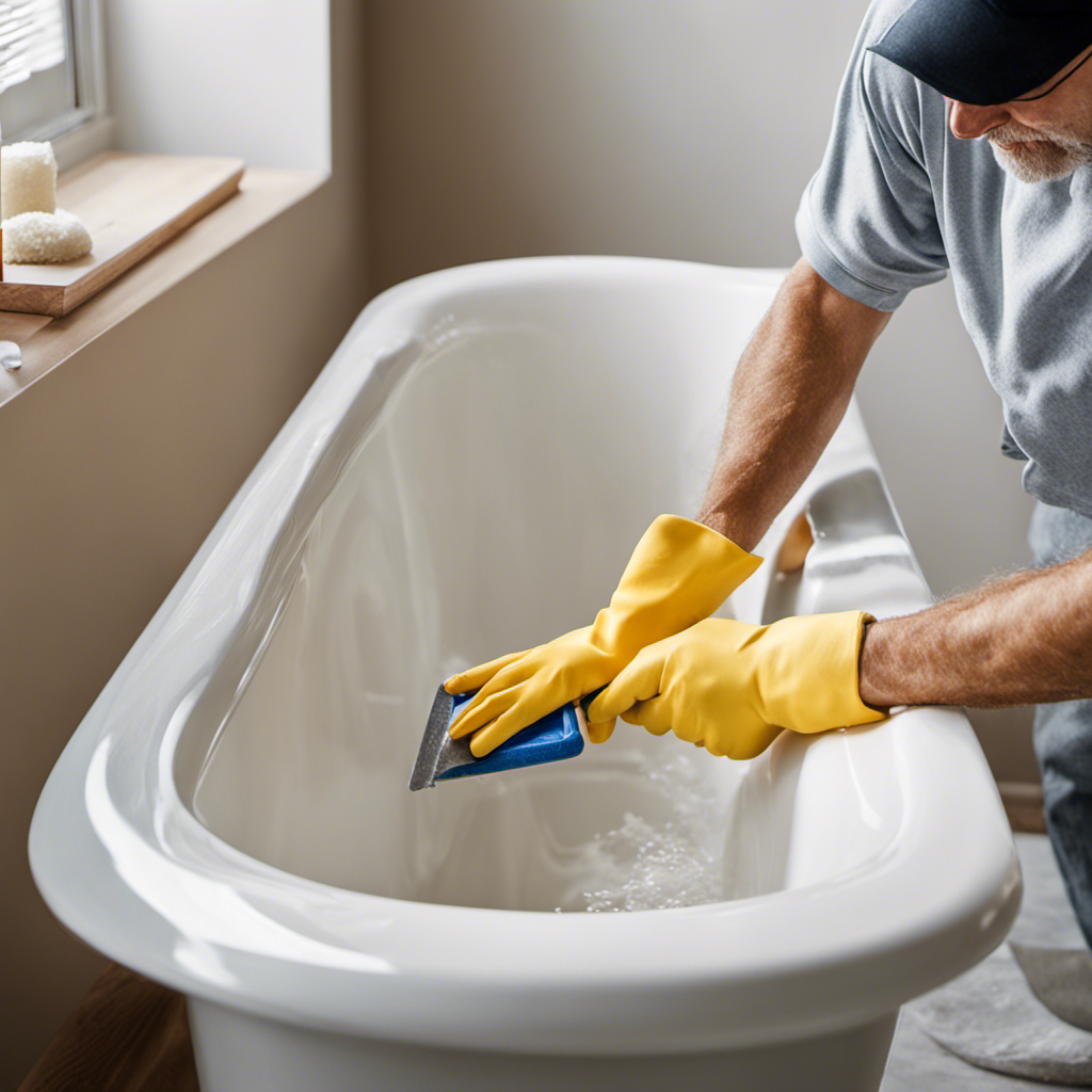 An image illustrating a step-by-step guide on resealing a bathtub: a gloved hand carefully removes old caulking, cleans the area with a scraper, applies new caulk evenly, and smoothes it with a caulk finishing tool