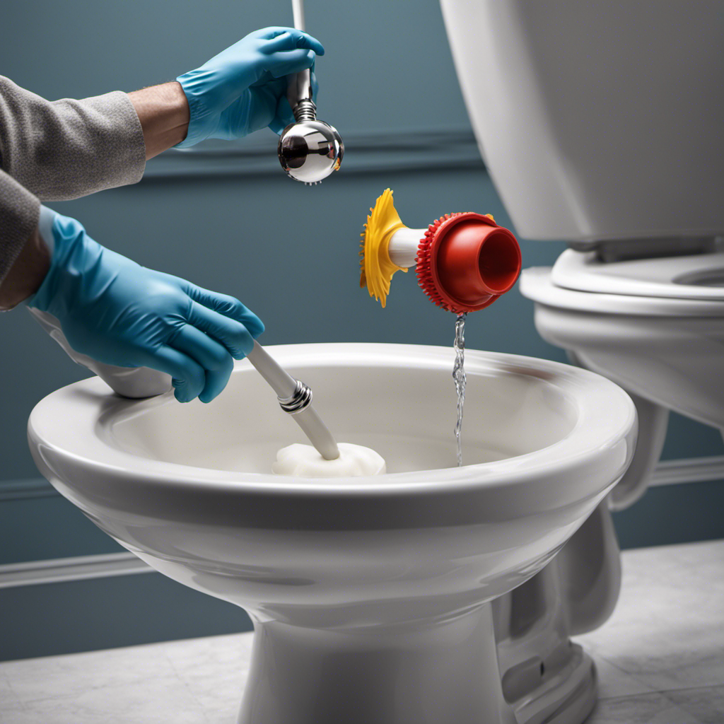 An image that depicts hands wearing rubber gloves firmly grasping a plunger, positioned above a toilet bowl filled with water