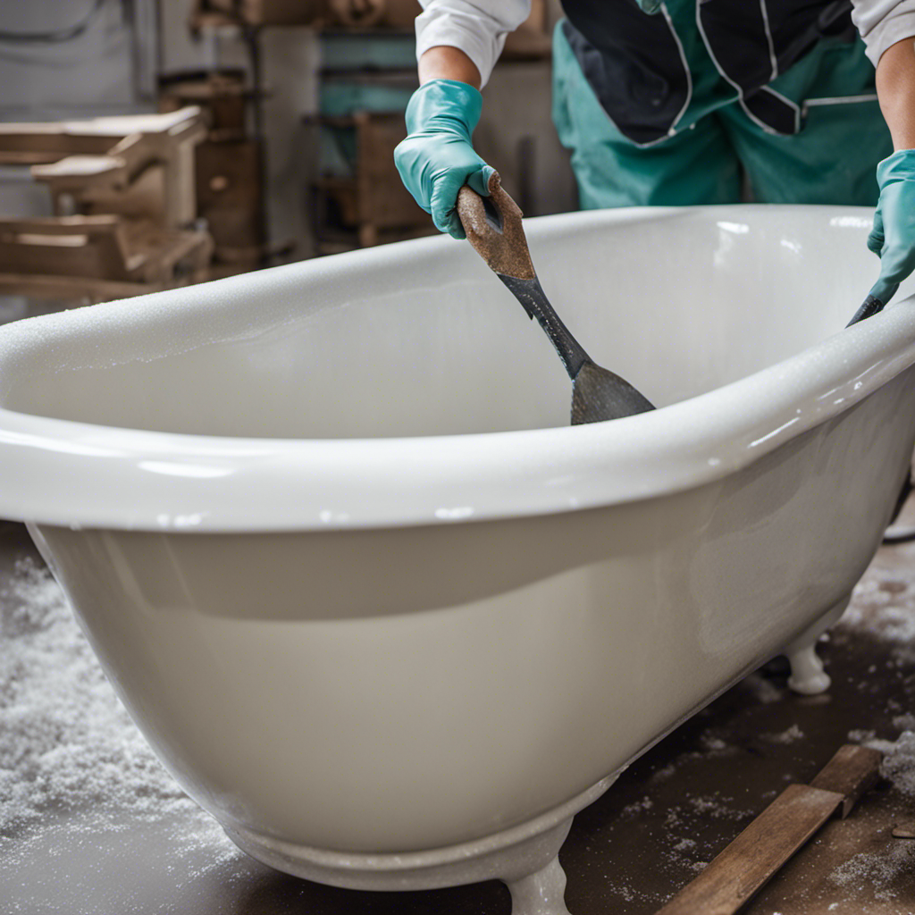An image showcasing a worn-out bathtub being revitalized: a person wearing gloves meticulously sanding the surface, followed by a close-up of them meticulously applying a fresh layer of glossy white enamel, resulting in a beautifully restored bathtub