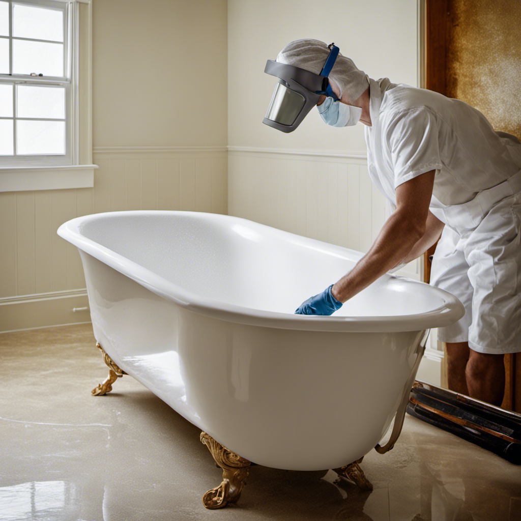 An image showcasing step-by-step bathtub resurfacing: a person wearing protective gear meticulously sanding the tub's surface, followed by another person carefully applying a new coating with a roller, resulting in a glossy, like-new finish