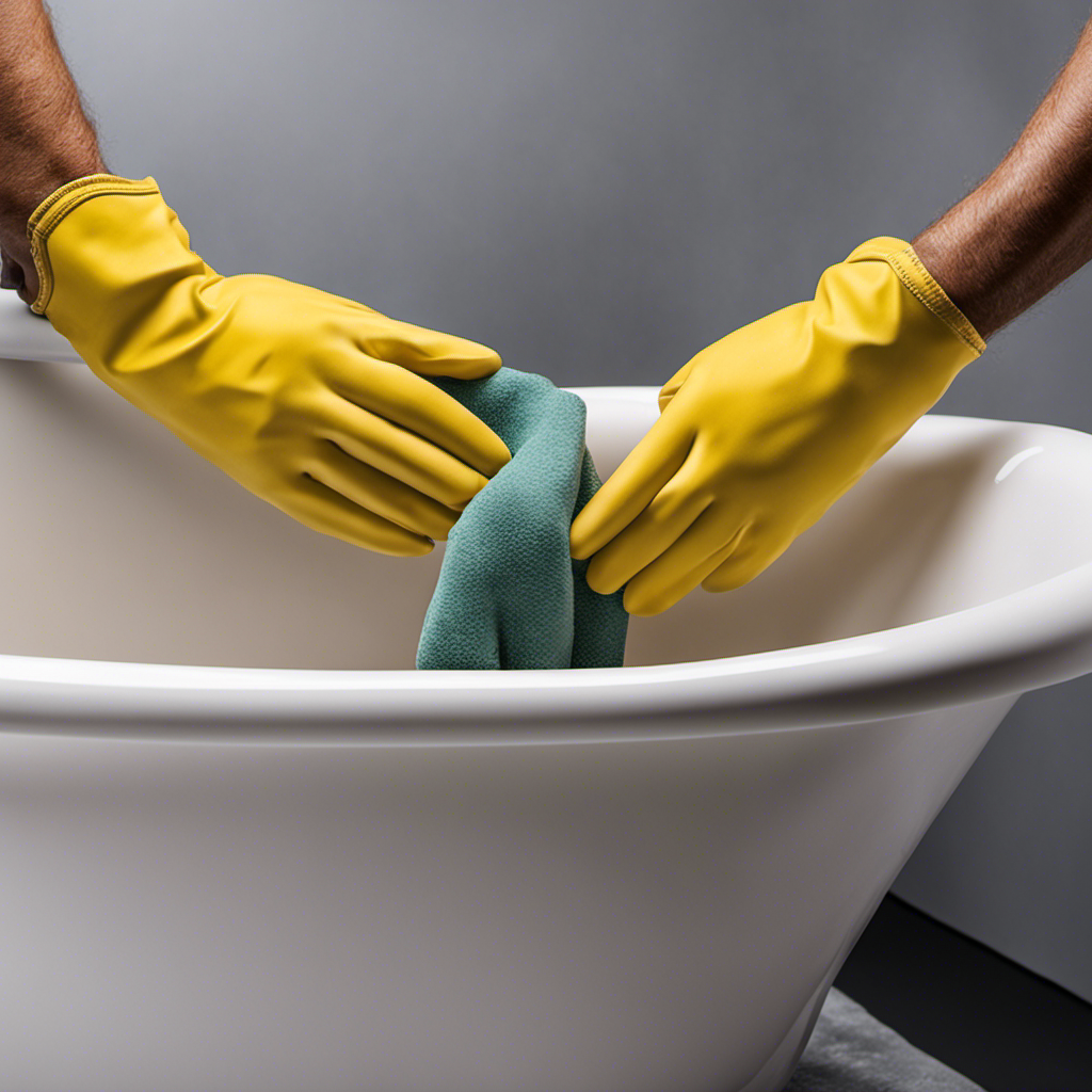 An image capturing the meticulous process of sanding and smoothing a bathtub's surface: showcase a close-up shot of gloved hands meticulously sanding the tub, revealing the transformation from rough to velvety-smooth