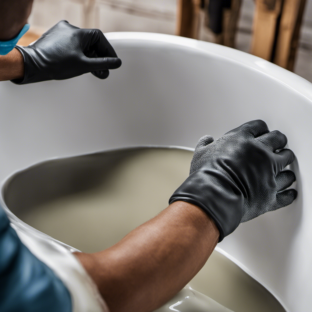 An image showcasing a pair of gloved hands carefully applying a smooth layer of resurfacing solution onto a worn-out bathtub