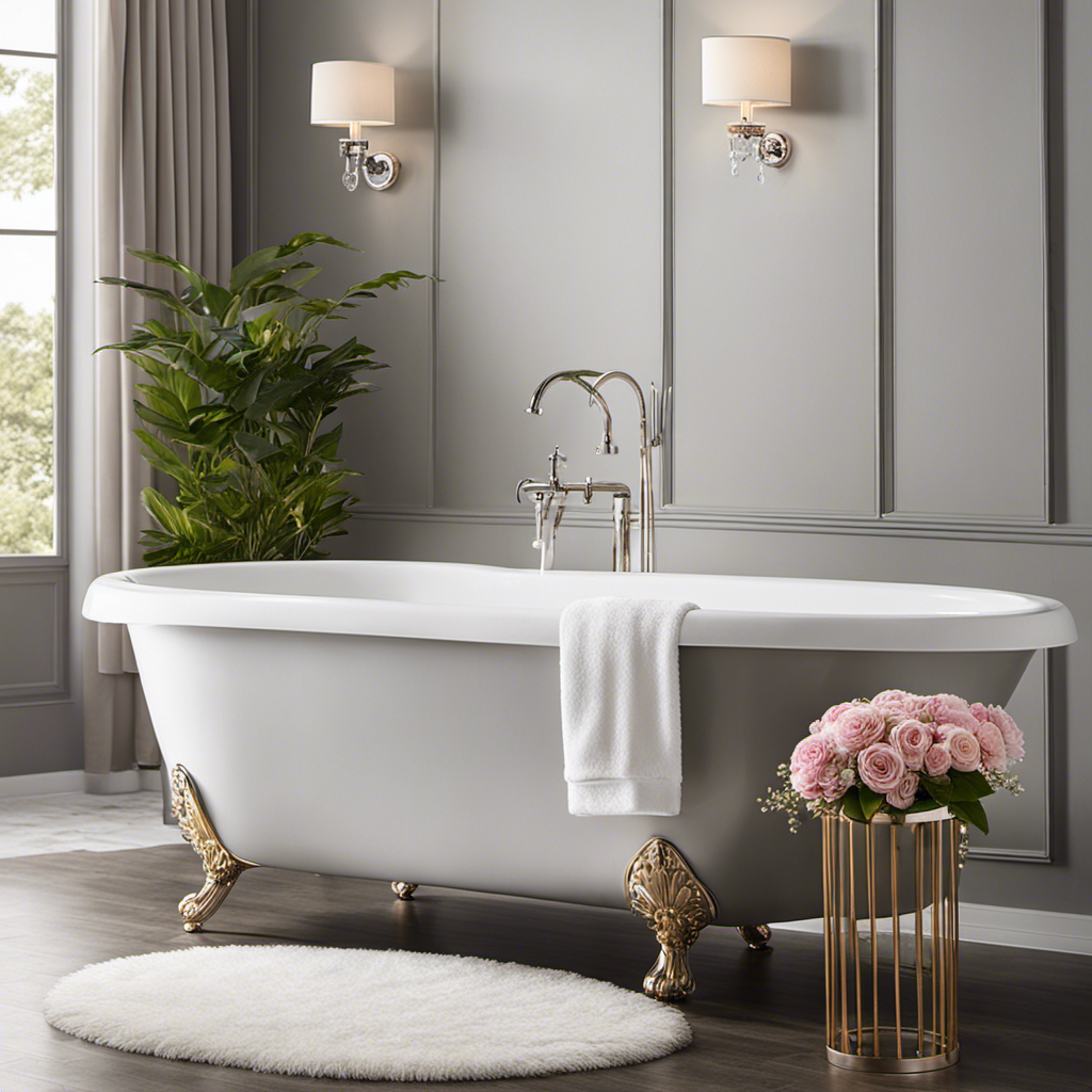 An image showcasing a freshly resurfaced bathtub adorned with sleek chrome fixtures, a plush bath mat, fluffy towels, and a delicate vase of fragrant flowers, exuding a luxurious spa-like ambiance