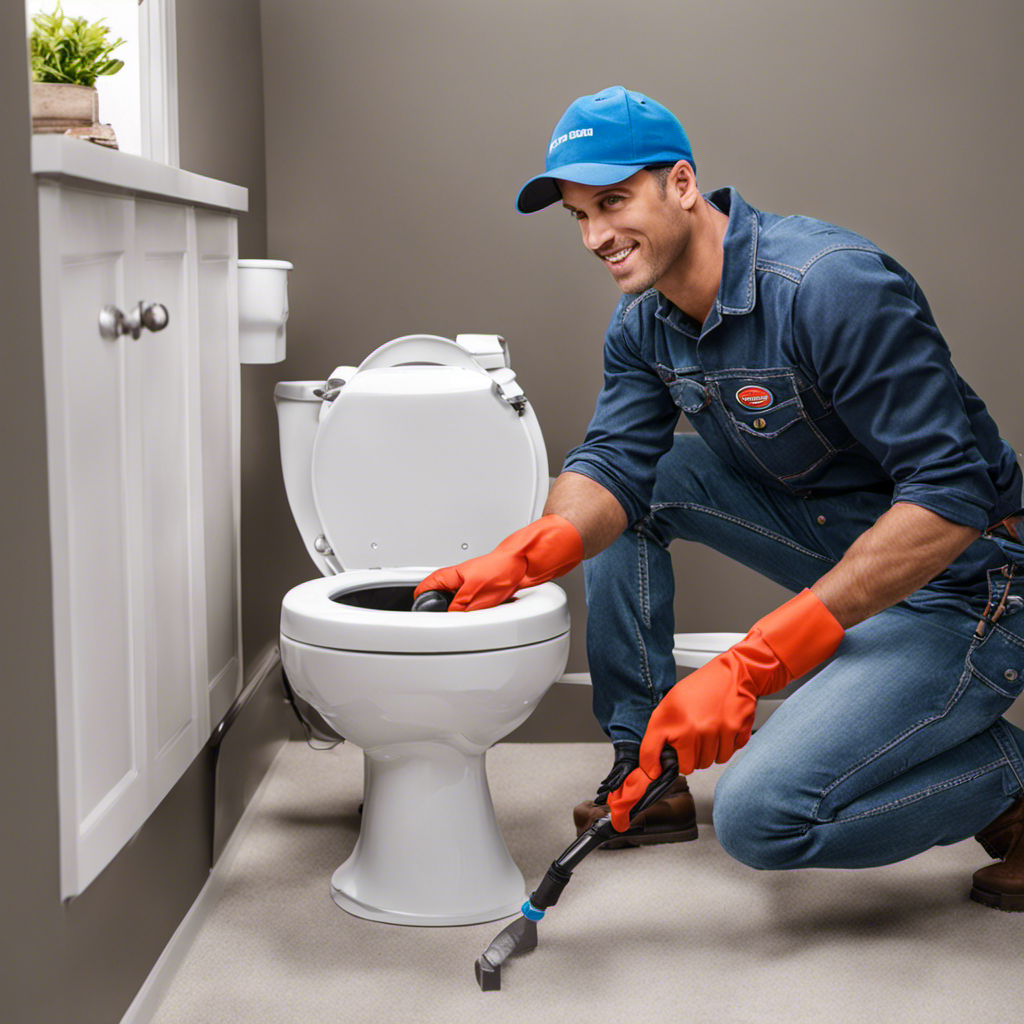 An image that showcases the step-by-step process of roto-rooting a toilet: a person wearing gloves and using a handheld roto-rooter to clear a clogged pipe, with water flowing freely again