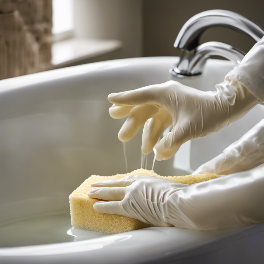 An image showcasing a pair of gloved hands delicately scrubbing a gleaming reglazed bathtub with a soft sponge