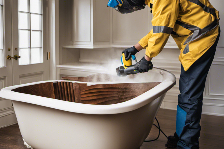 An image showcasing the step-by-step process of sanding a bathtub: a person clad in protective gear, holding an electric sander, delicately smoothing the surface, while fine dust particles float in the air
