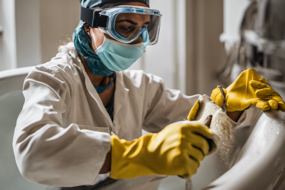 an image of a person wearing protective goggles and gloves, holding a sanding block, while gently sanding the surface of a bathtub
