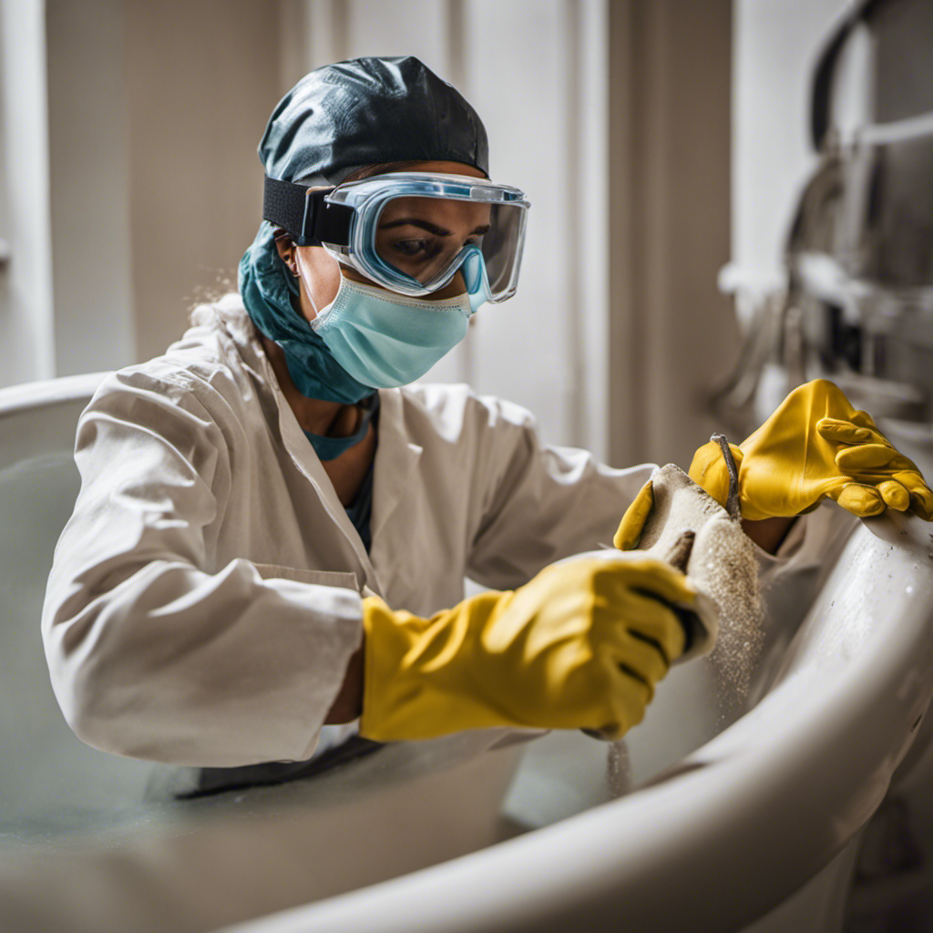 an image of a person wearing protective goggles and gloves, holding a sanding block, while gently sanding the surface of a bathtub