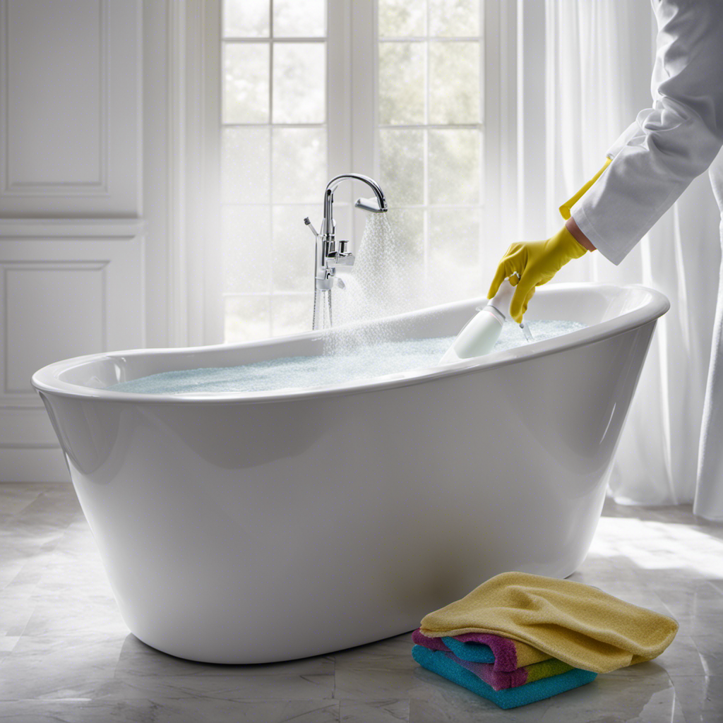 An image showcasing a pair of gloved hands gently scrubbing a pristine white bathtub using a microfiber cloth, while a spray bottle emits a mist of disinfectant, leaving a sparkling, germ-free surface