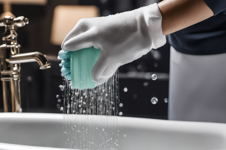 An image showcasing a pair of gloved hands meticulously scrubbing a sparkling white bathtub