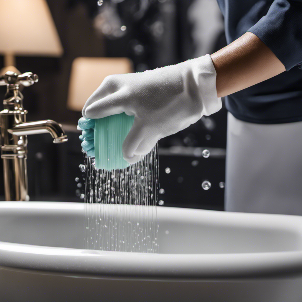 An image showcasing a pair of gloved hands meticulously scrubbing a sparkling white bathtub