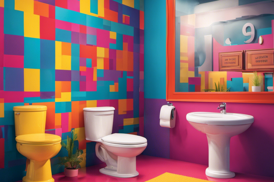 An image showcasing a brightly colored bathroom with a sign displaying the international symbol for toilets