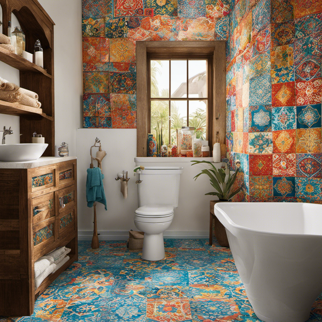 An image capturing a Spanish-speaking family's bathroom, featuring a neatly stacked roll of toilet paper with a label in Spanish, surrounded by colorful tiles, a tiled sink, and a shower curtain adorned with vibrant patterns