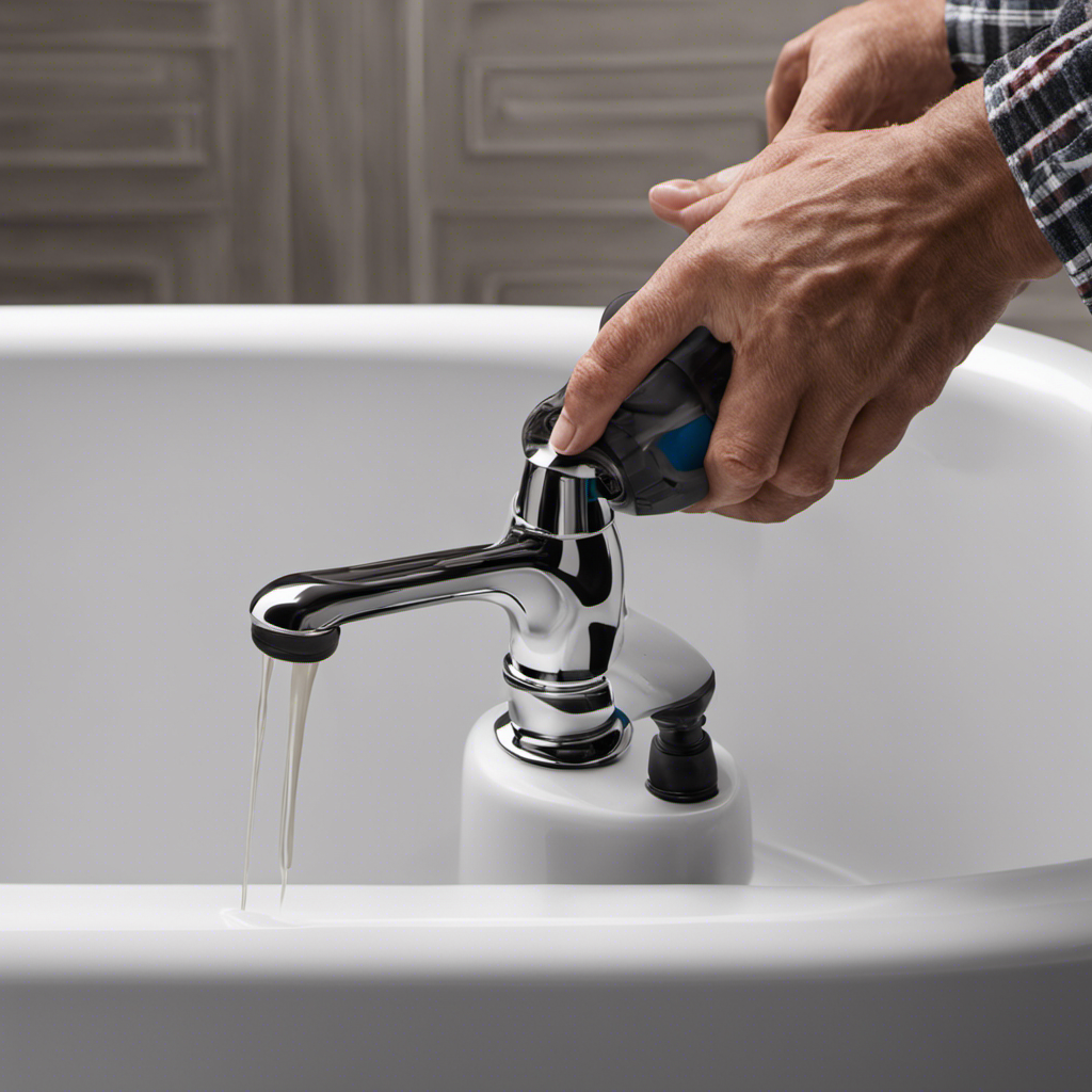 An image capturing a close-up view of a plumber's hands skillfully applying waterproof caulk around a bathtub drain, ensuring a tight seal