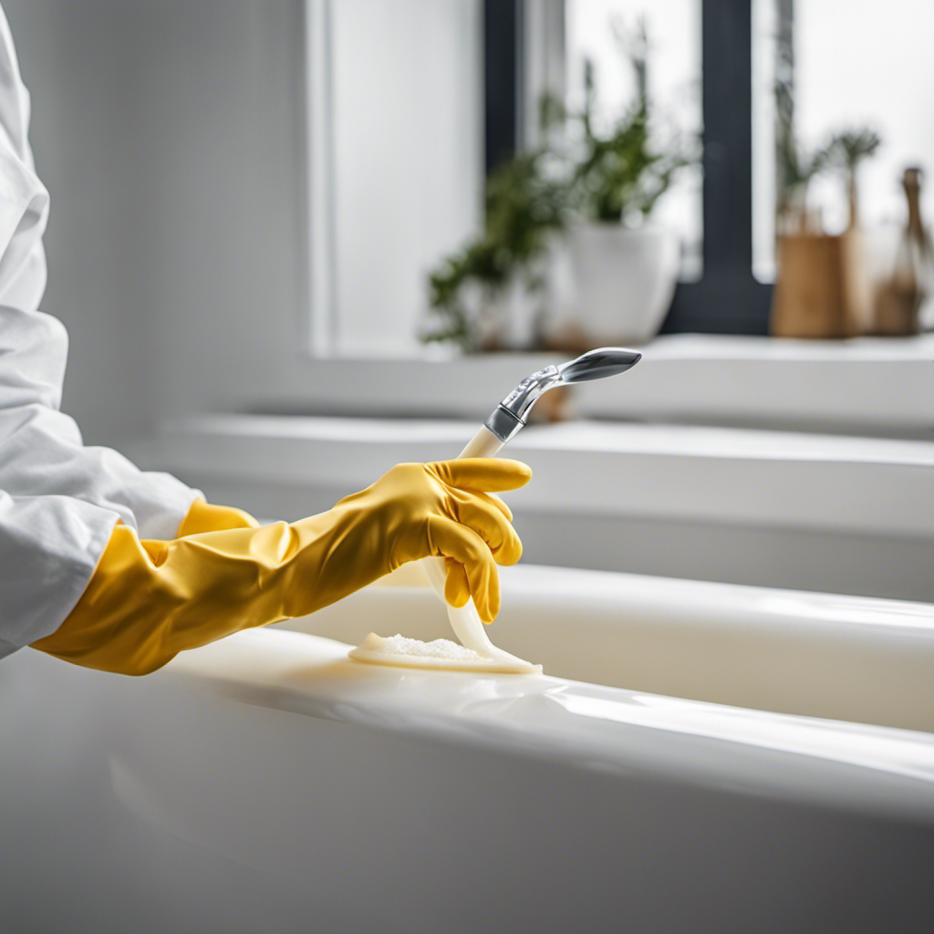 An image showcasing a close-up view of a pair of hands wearing rubber gloves, meticulously applying a thick layer of clear silicone caulk along the edges of a pristine white bathtub, ensuring a watertight seal