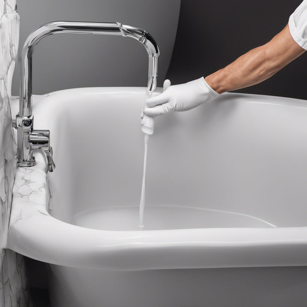 An image showcasing a pair of gloved hands applying a thick, clear silicone sealant along the length of a cracked bathtub
