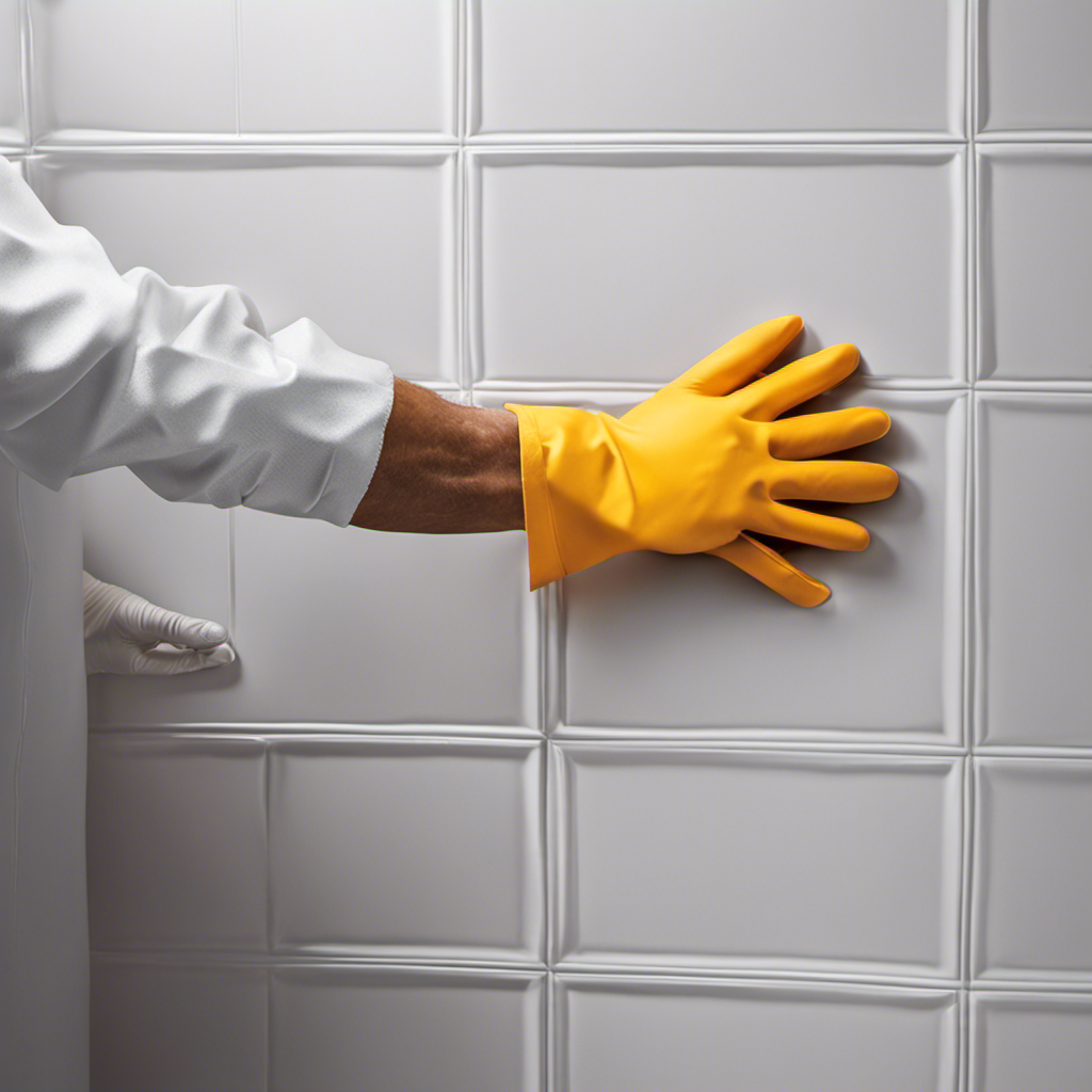 An image capturing the process of sealing a bathtub: a gloved hand firmly pressing a bead of waterproof silicone caulk along the precise joint between the bathtub and the tiled wall, ensuring a watertight seal