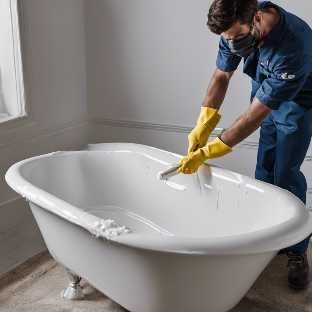 An image showcasing a close-up of a cracked bathtub, with a person wearing gloves applying clear silicone caulk along the length of the crack, ensuring a precise and watertight seal