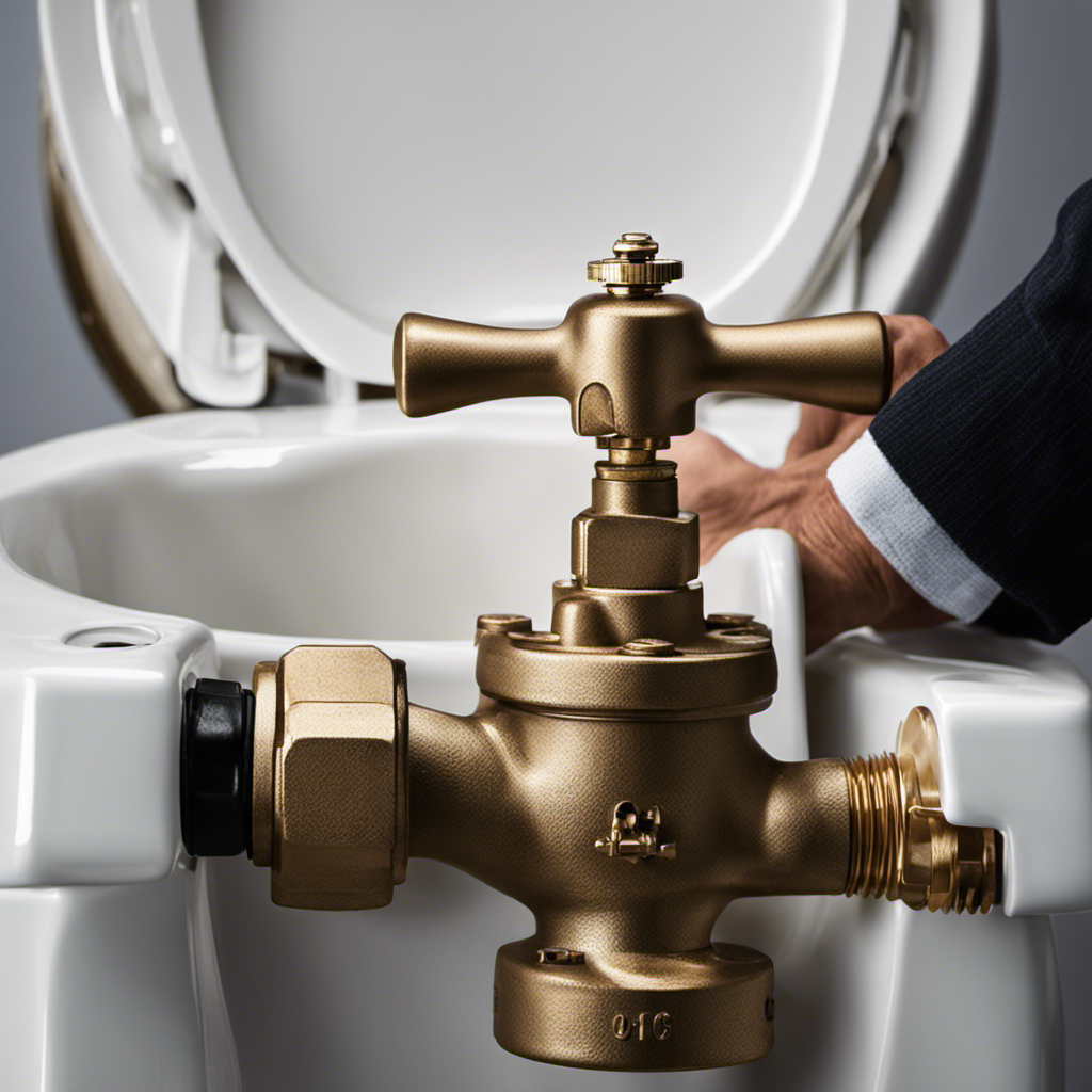 An image showcasing a close-up view of a hand firmly gripping the water shut-off valve located behind a toilet tank, demonstrating the step-by-step process of shutting off water during emergency situations