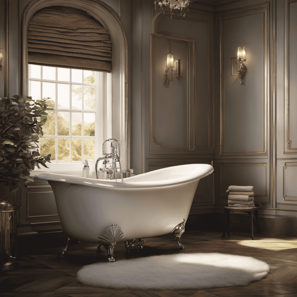 An image showcasing a serene bathroom scene: a person sits in a bathtub, knees bent, legs extended, back rested against a plush bath pillow, arms resting on the sides, as warm water cascades from a chrome faucet