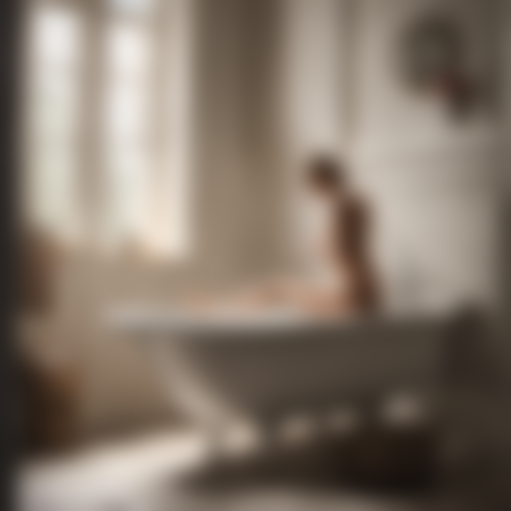 An image capturing a serene bathroom scene with a person sitting on the toilet, demonstrating proper posture and positioning: feet flat on the floor, knees slightly bent, back straight, and hands resting on thighs