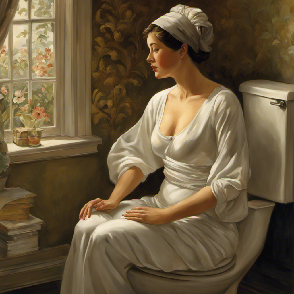 An image that portrays a woman comfortably seated on a toilet after a hysterectomy, showcasing her relaxed posture, hands gently supporting her lower abdomen, with a serene expression on her face