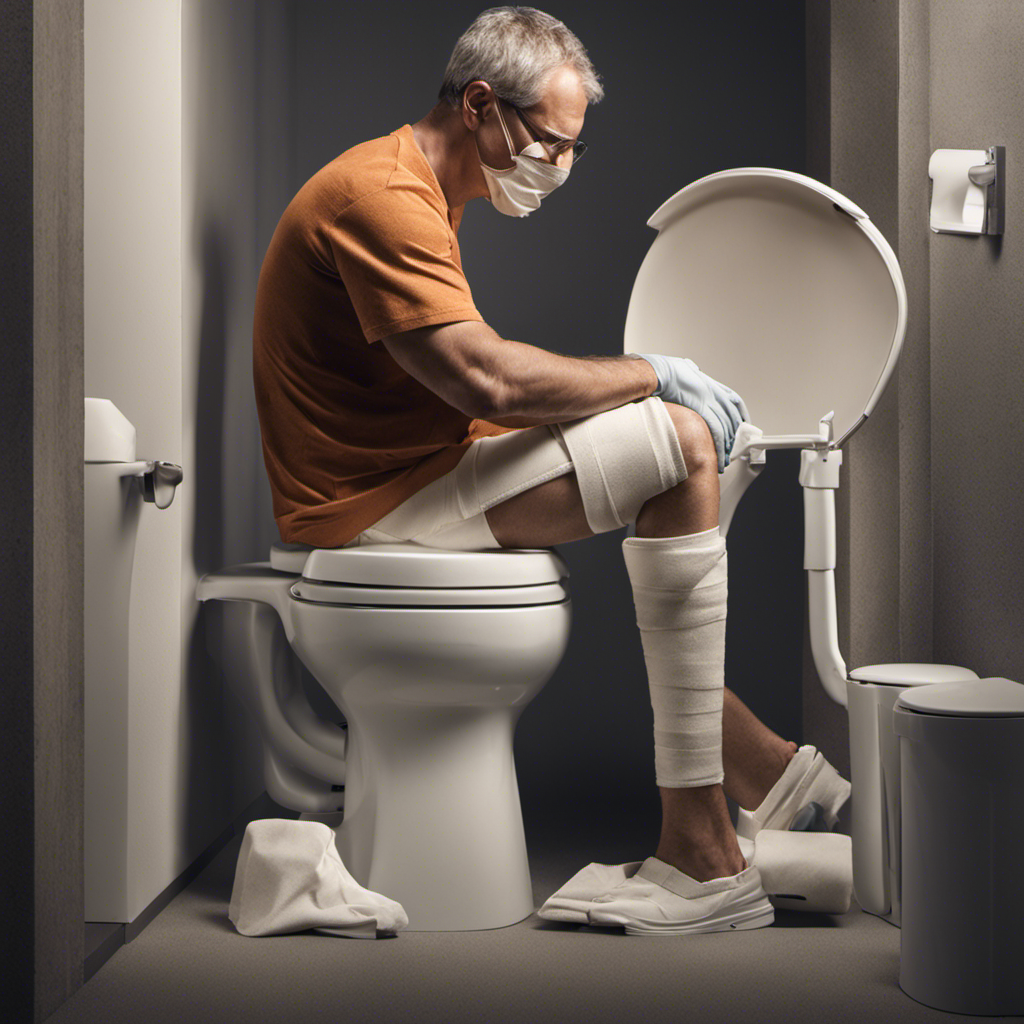 An image depicting a person with a bandaged knee sitting on a raised toilet seat, demonstrating proper posture