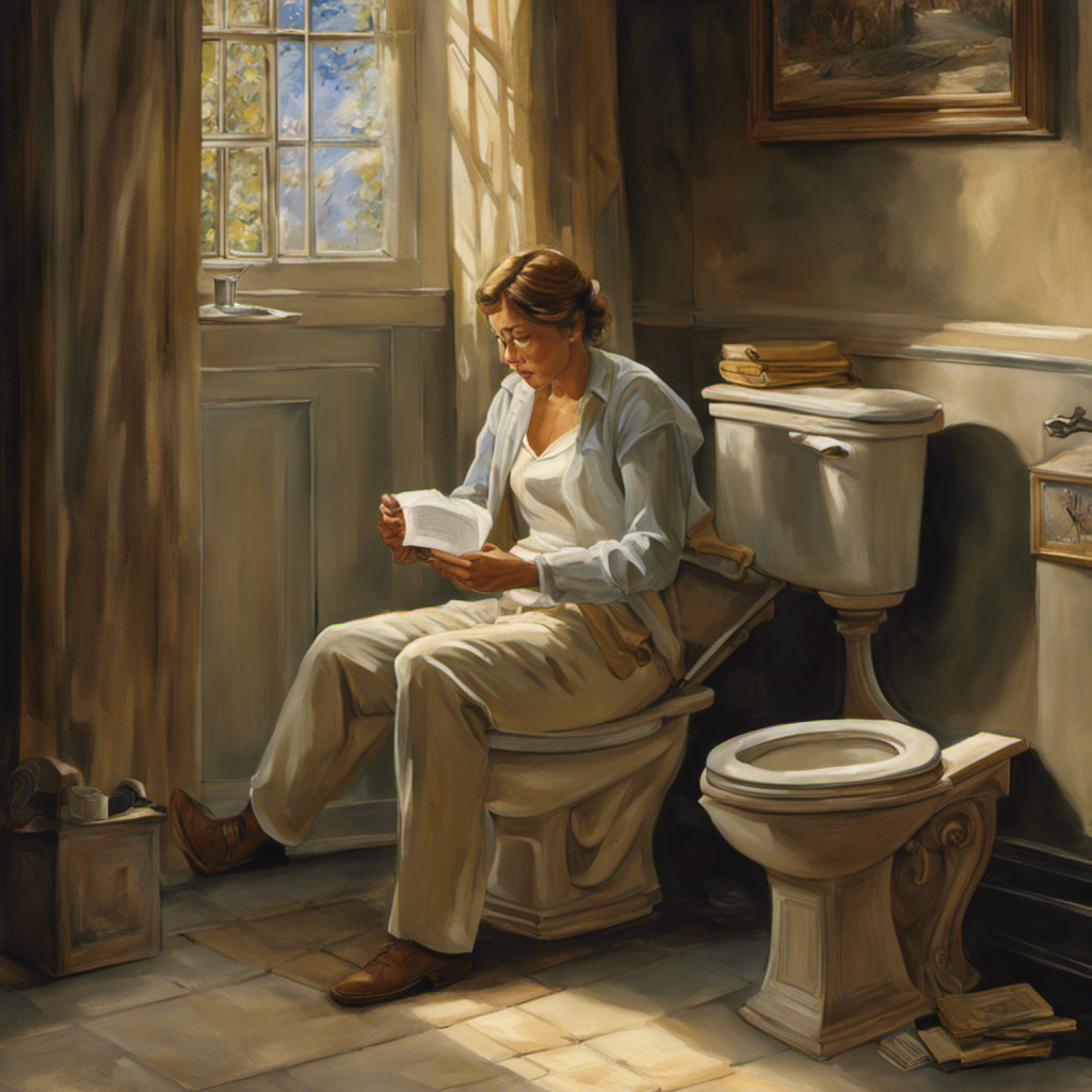 An image that depicts a person comfortably seated on a toilet with their feet resting flat on the ground, knees slightly bent, back straight, and hands resting on their lap