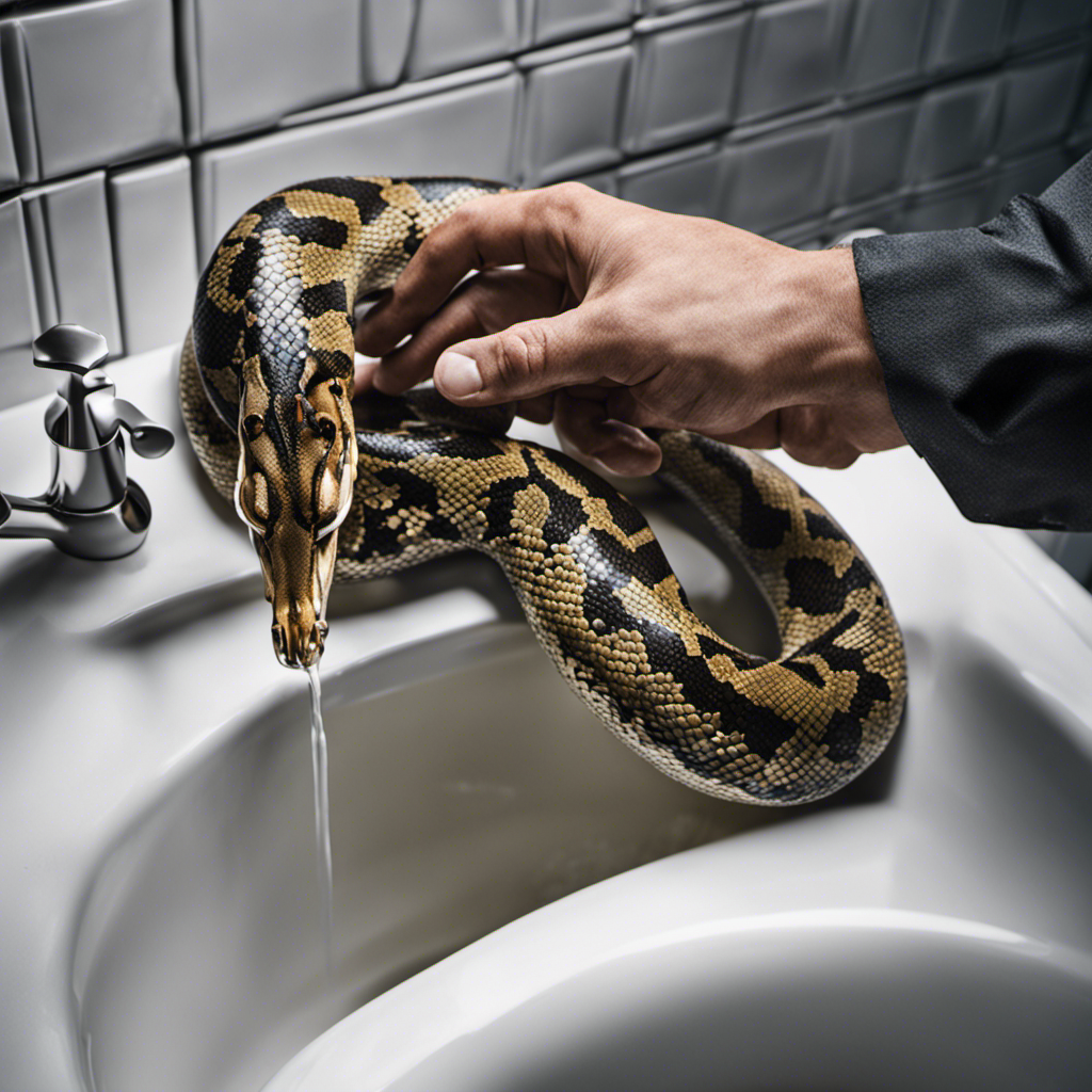 An image showing a close-up of a gloved hand holding a plumbing snake, carefully maneuvering it into a bathtub drain