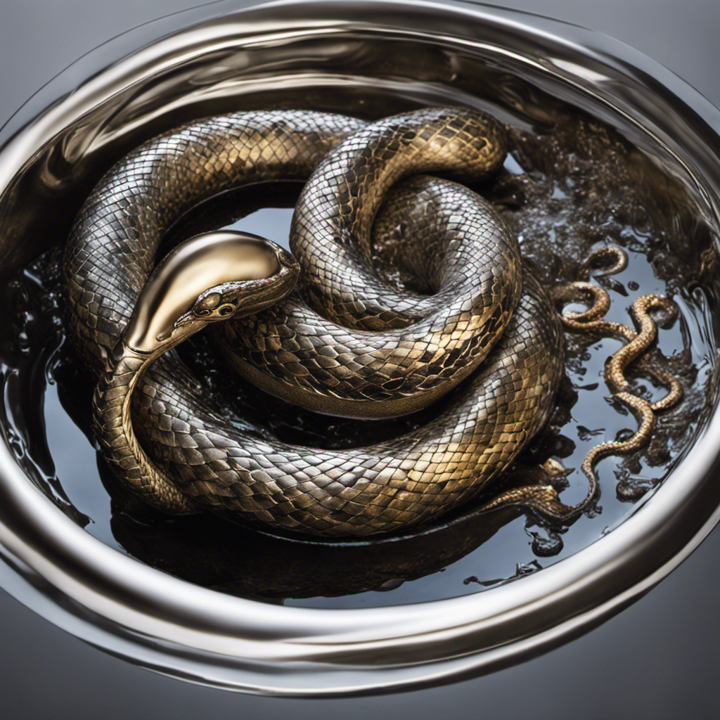 An image showcasing a pair of hands delicately maneuvering a flexible metal snake down a clogged bathtub drain, with swirling water and debris vividly depicted