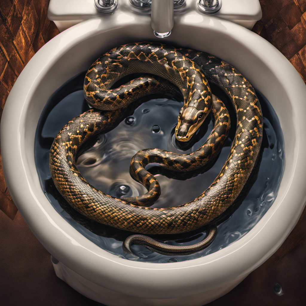 An image depicting a pair of gloved hands firmly grasping a coiled plumbing snake, skillfully maneuvering it down a clogged bathtub drain, while water droplets glisten in the background