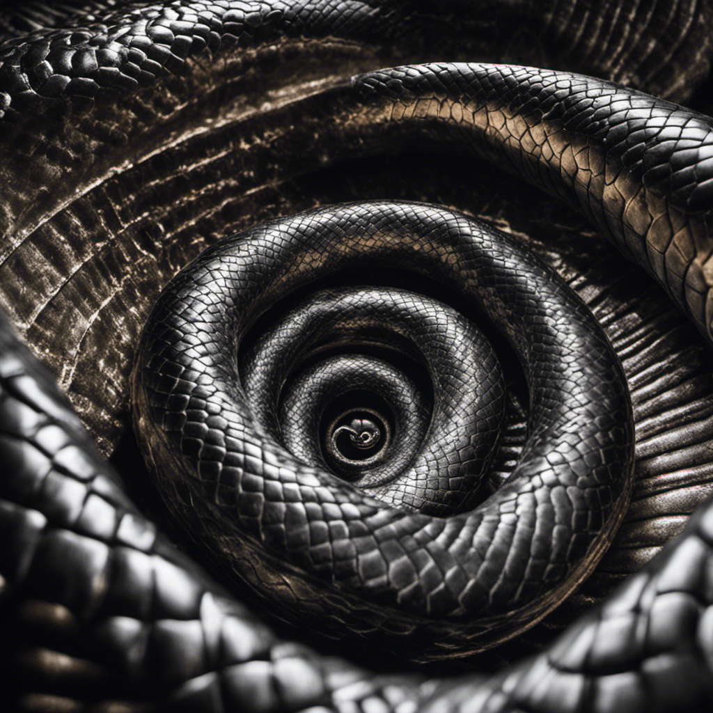 An image capturing a close-up view of a gloved hand firmly gripping a flexible, coiled plumbing snake, as it elegantly navigates the dark and curved labyrinth of a clogged toilet drain