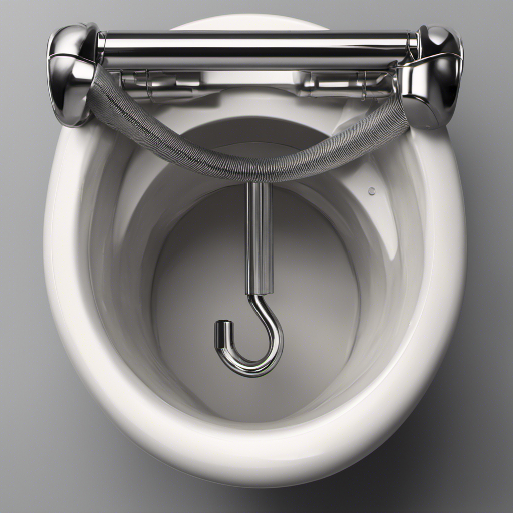 An image of a close-up view inside a toilet bowl, showing a bent wire hanger with a hook neatly inserted through a clogged pipe, ready to be used for snaking