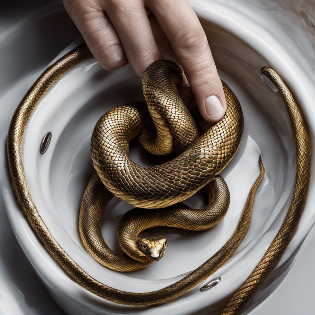 An image showcasing a close-up of a gloved hand maneuvering a flexible, coiled drain snake into a bathtub drain
