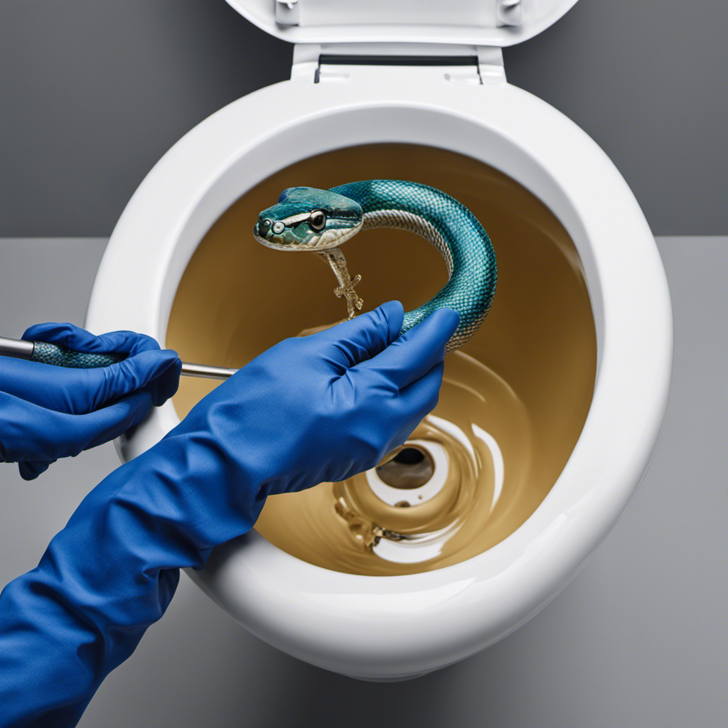 An image showcasing a close-up view of a gloved hand firmly gripping a coiled plumbing snake, as it skillfully extends into a sparkling clean toilet bowl, illustrating the step-by-step process of snaking a toilet