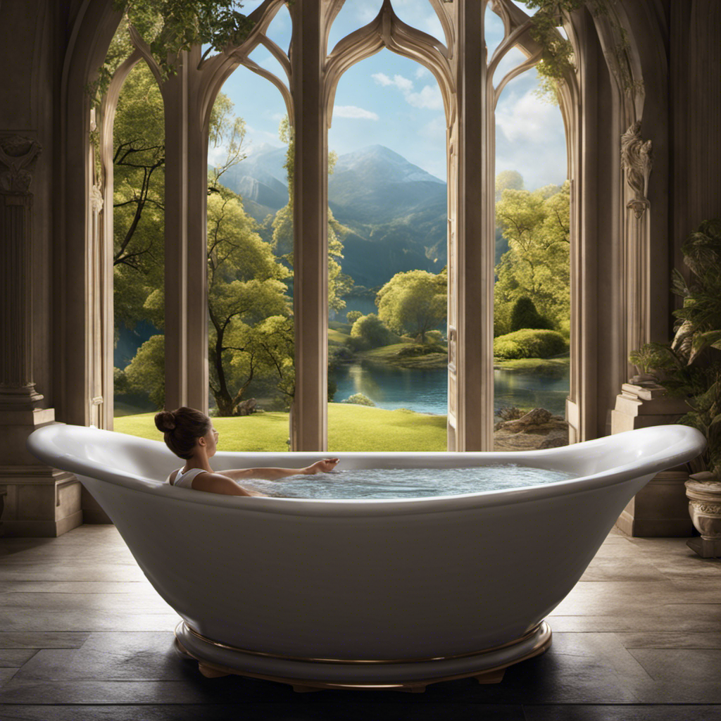 An image showcasing a serene scene of a person seated on a comfortable chair, with their knee immersed in a basin filled with warm water and soothing Epsom salt