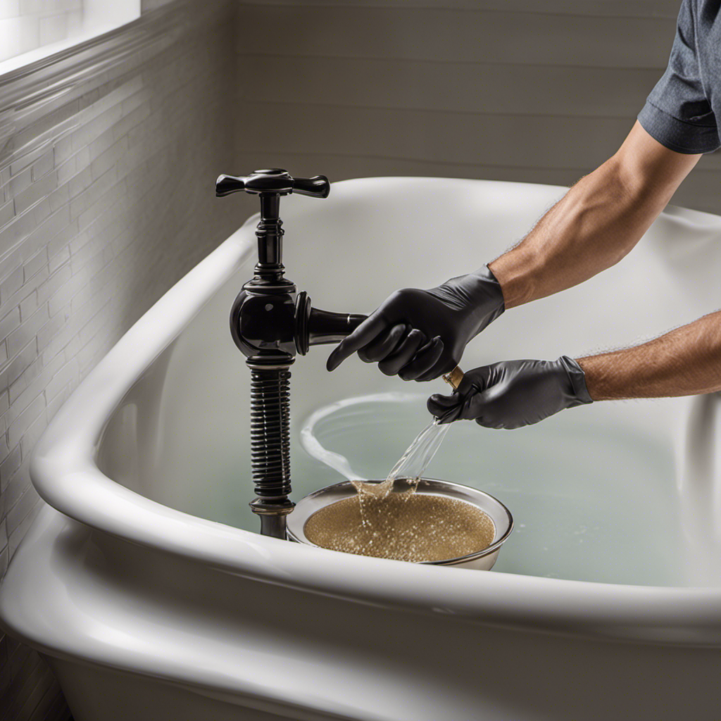 An image capturing the step-by-step process of unclogging a bathtub drain: a pair of gloved hands holding a plunger, water swirling as it drains, debris being removed, and finally clear water flowing smoothly