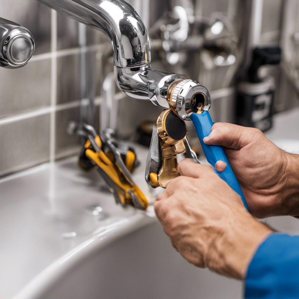An image capturing a close-up of a plumber's hand skillfully tightening a dripping faucet handle, surrounded by various tools like a wrench, pliers, and sealant, showcasing the step-by-step process of preventing a bathtub from leaking