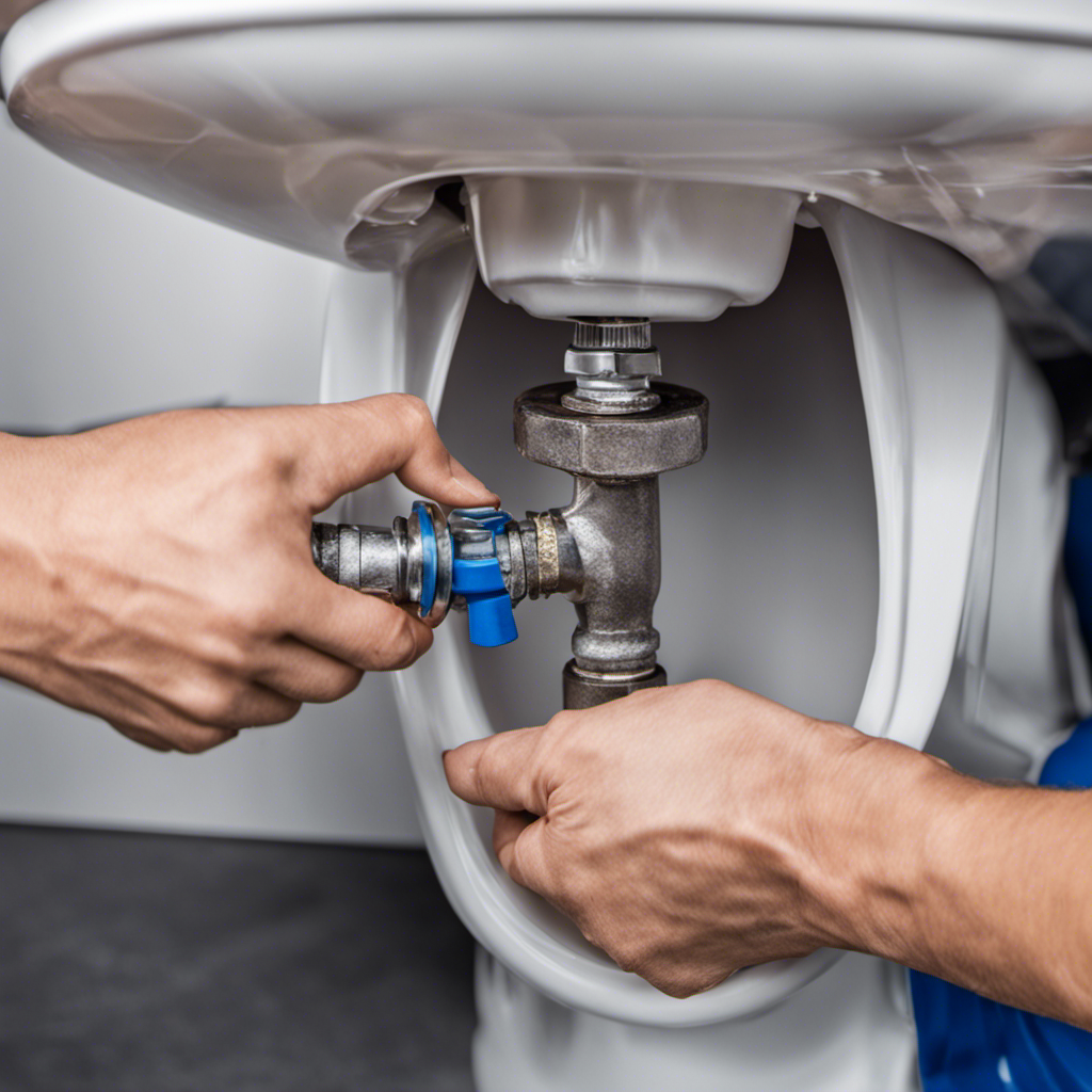 An image depicting a step-by-step guide to stopping a leaking toilet: a person using a wrench to tighten the water supply valve, placing a new rubber gasket under the tank, then securing it with bolts