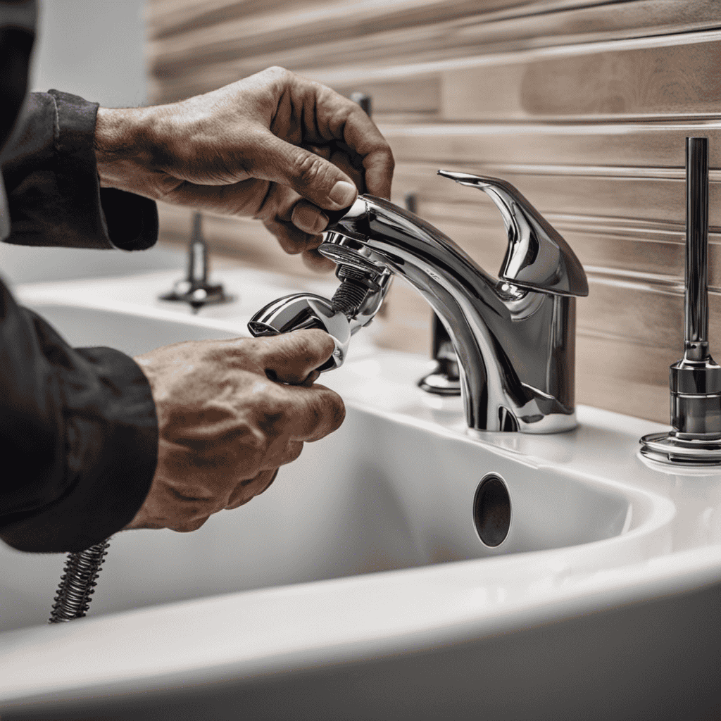An image showcasing a close-up view of a plumber's hands skillfully disassembling a bathtub faucet, revealing its inner parts