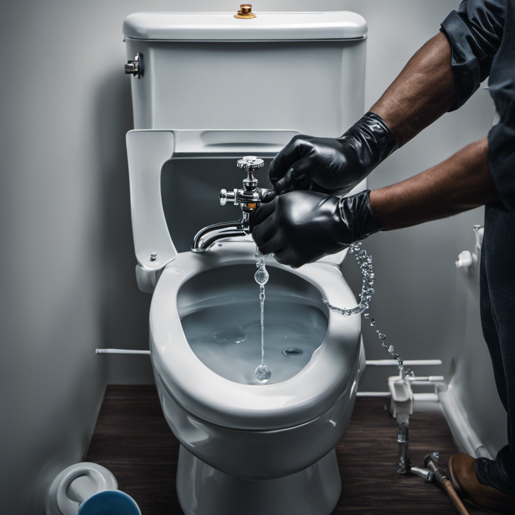An image capturing a pair of gloved hands tightening the water valve on a toilet tank, with water droplets suspended mid-air