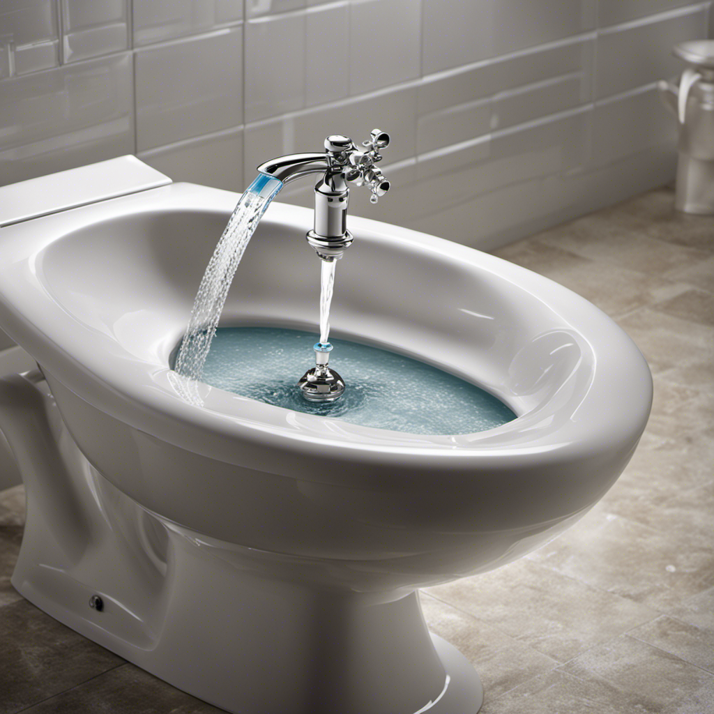 An image of a hand swiftly turning the water shut-off valve located near the base of a toilet, while water droplets freeze in mid-air