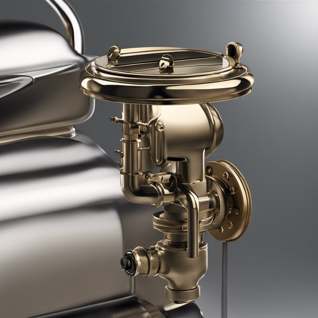 An image showcasing a close-up view of a toilet tank, with focused attention on the flapper valve