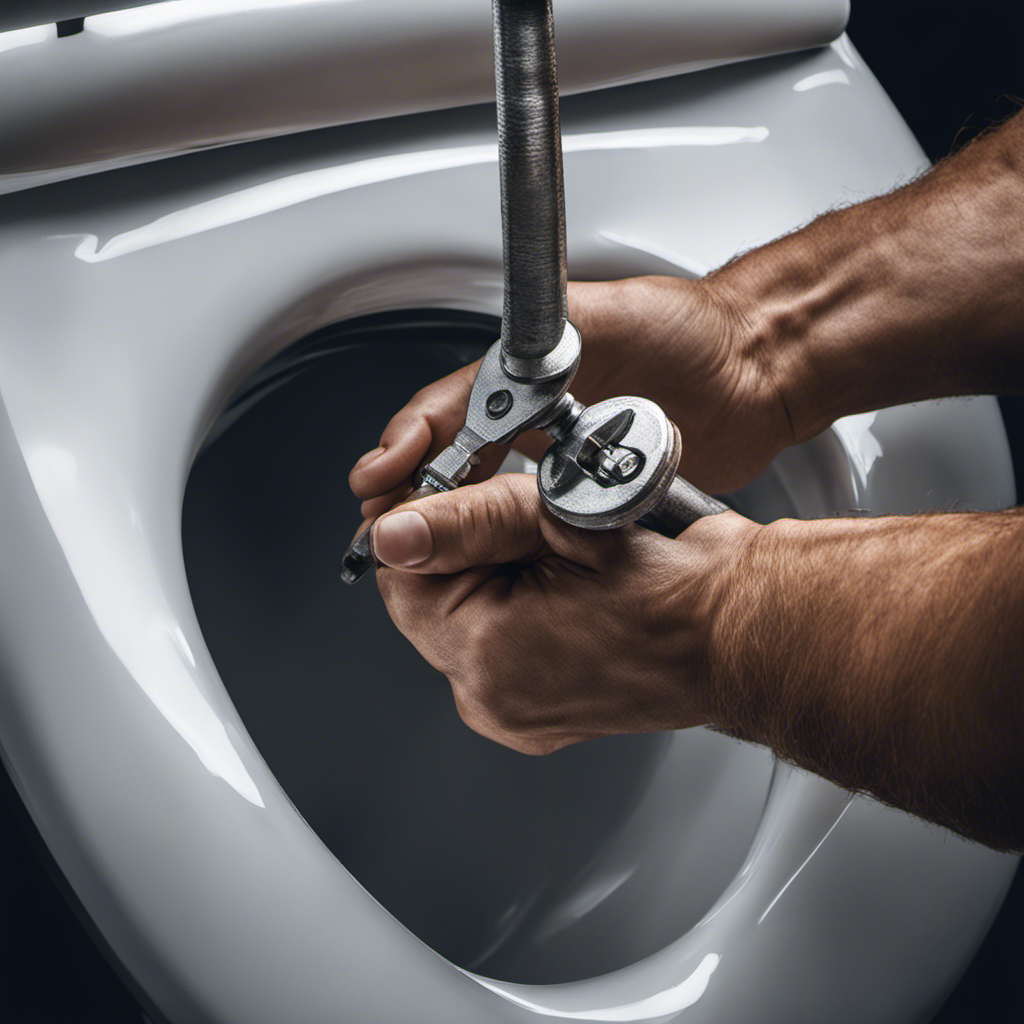 An image capturing a pair of hands gripping a metal wrench, poised to tighten the water valve beneath a toilet tank