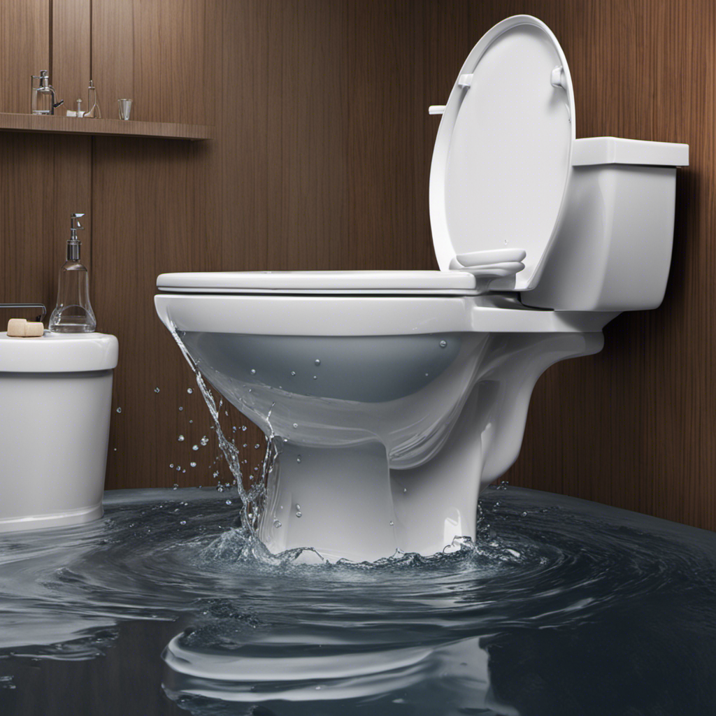 An image depicting a person swiftly using a plunger to unclog an overflowing toilet, surrounded by water gushing out forcefully